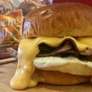 Roast Beef Sandwich with Cheddar and Horseradish Sauces
