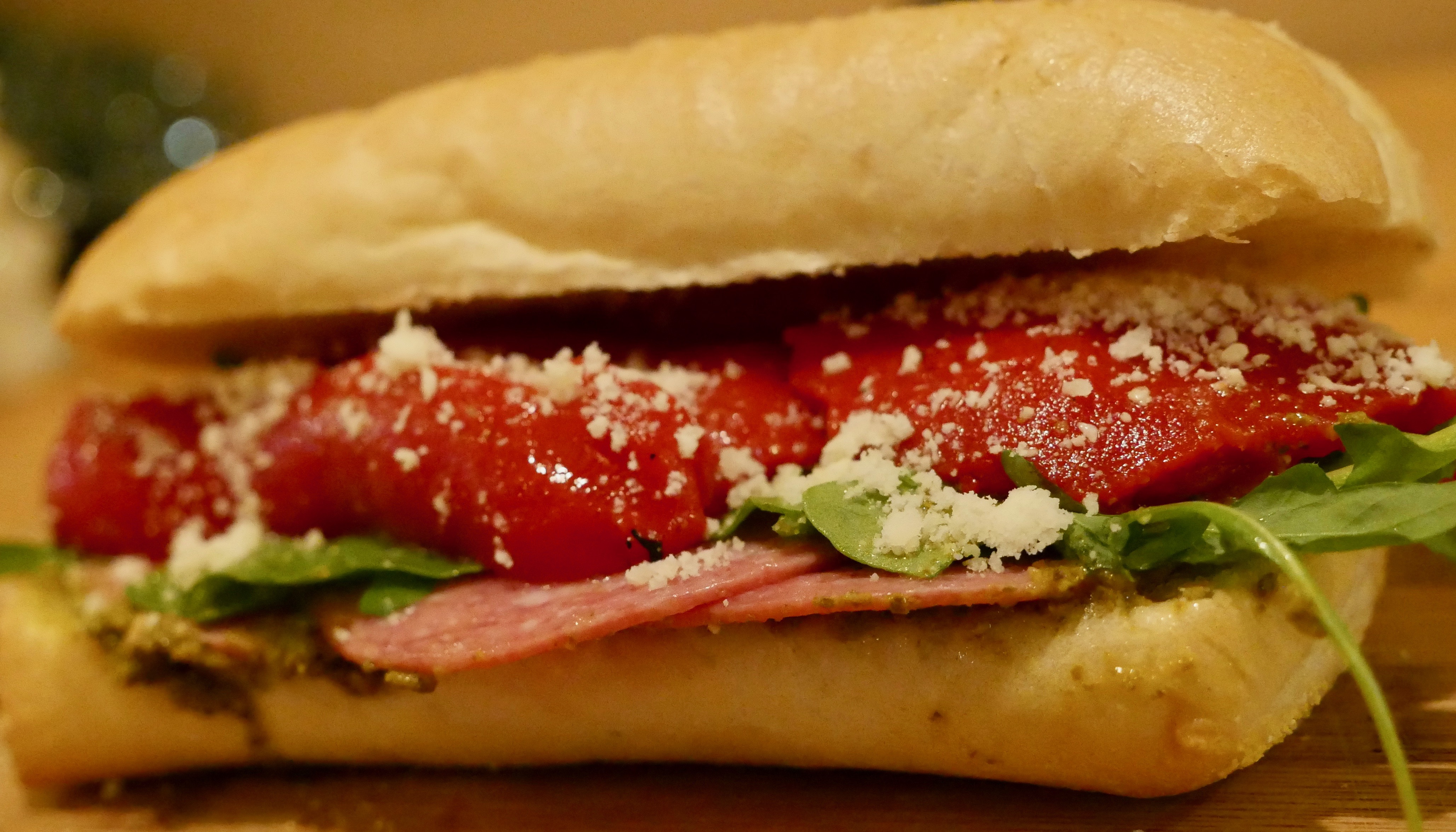 Salami Sandwich with Pesto and Roasted Red Peppers • Turano Baking Co