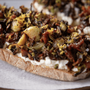Caramelized Brussel Sprout Toast with Bacon and Burrata