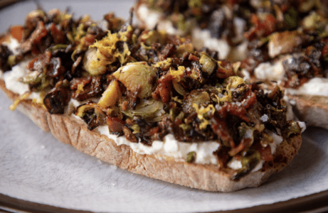 Caramelized Brussel Sprout Toast with Bacon and Burrata