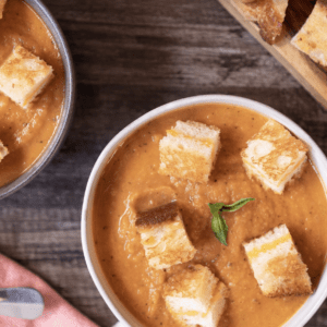 Roasted Tomato Soup with Grilled Cheese Croutons