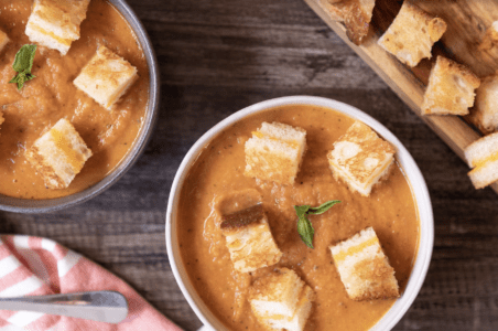 Roasted Tomato Soup with Grilled Cheese Croutons