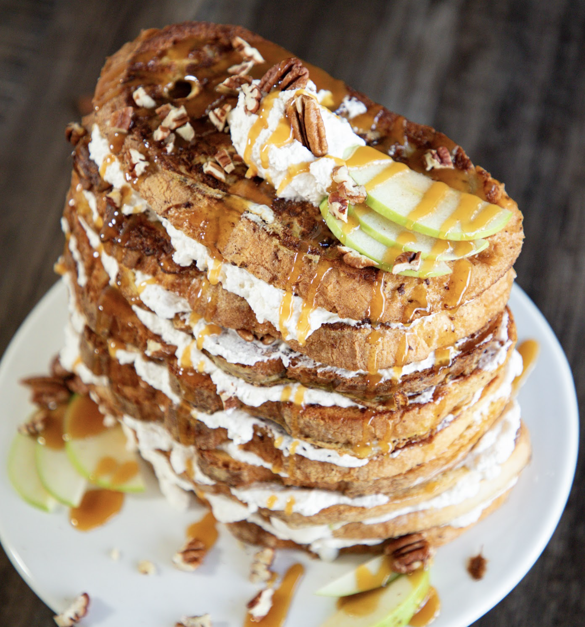 French Toast Cake with Pumpkin Cream and Caramel Pecans
