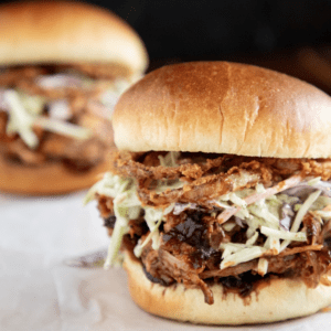 BBQ Pulled Pork Sandwich with Crispy Onion Rings