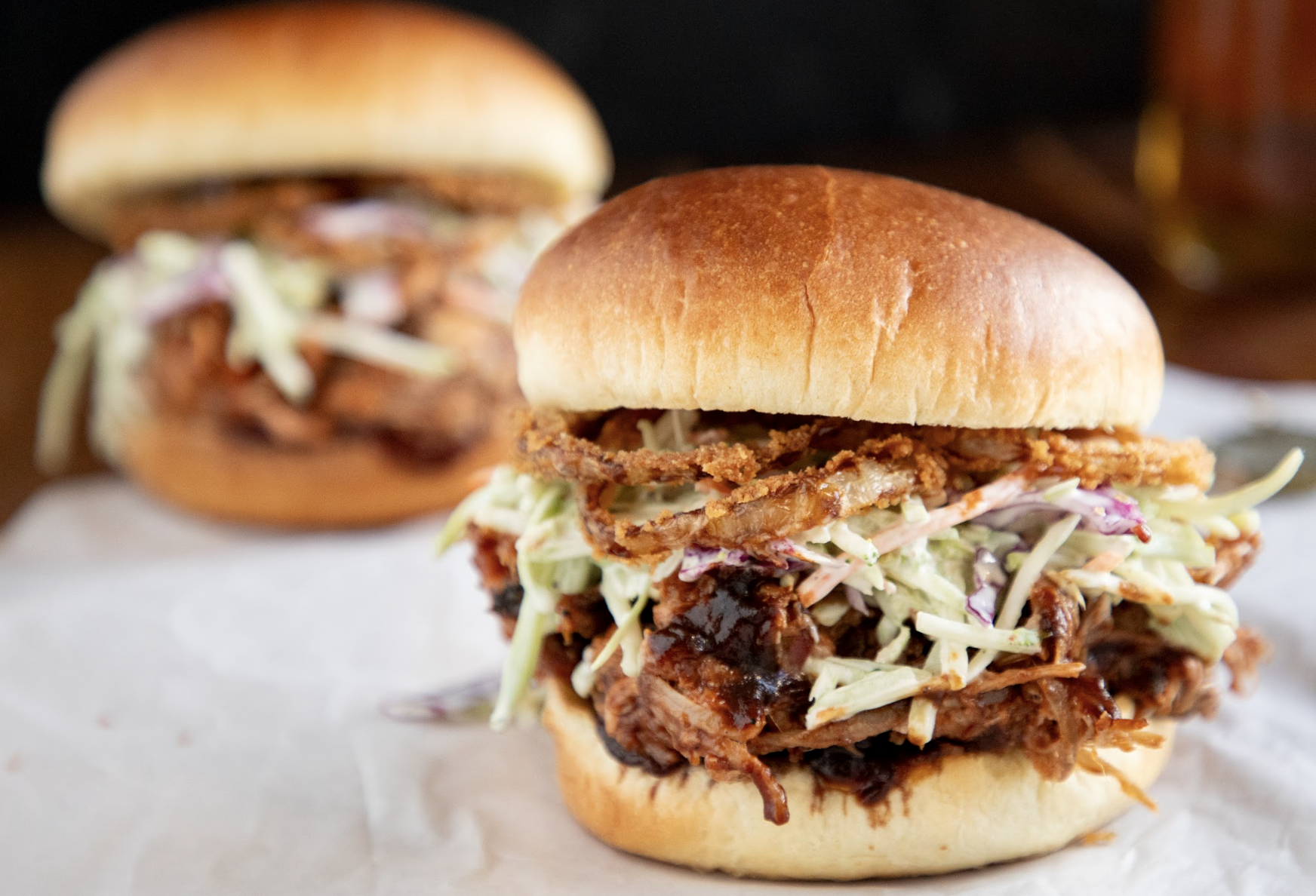 BBQ Pulled Pork Sandwich with Crispy Onion Rings